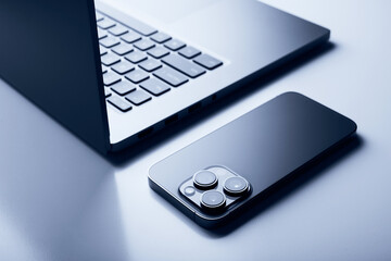 Laptop with smartphone. Close up image.