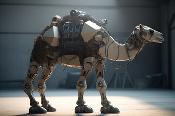 A camel that is a futuristic machine of the future world. Wildlife Animals. Illustration, Generative AI.
