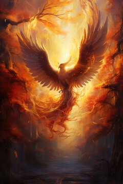 Image of the phoenix is flying burning with fire. Birds. Mythical creatures. Illustration. Generative AI.