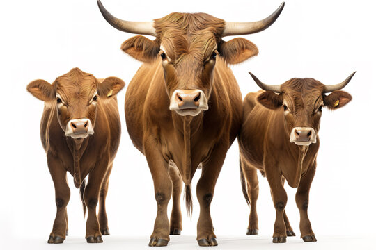 Image of family group of brown bull on white background. Wildlife Animals. Illustration, Generative AI.