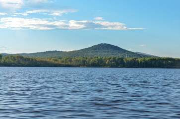 Bikha mountain and Amur taiga scenic view from Kaltakheven lake (Nanaysky district, Khabarovsk krai, Russia)