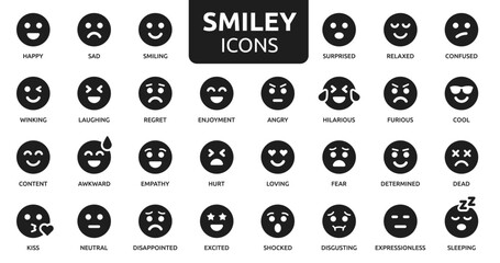 Smiley icon set. Containing happy, sad, smiling, surprised, angry, relaxed, confused, laughing, excited, disappointed and shocked emoticon icons. Emoji icon collection. Vector illustration.