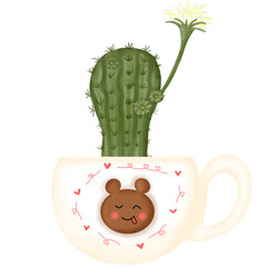 Cute cactus with flower blooming in a cup of coffee 