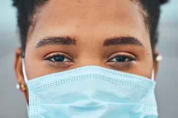 Portrait, covid and woman with mask, health and pandemic regulations with compliance. Face cover, person and girl with protection, closeup and corona safety policy with healthcare, rules and virus