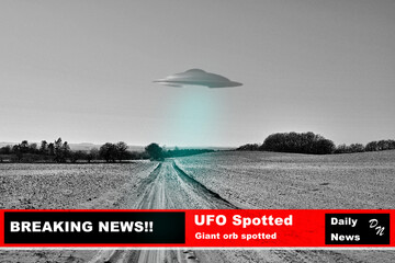 News, nature and broadcast of a ufo on television for science fiction or information on earth. Sky,...