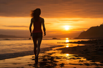 Fototapeta premium Sporty woman runs along a pristine beach shoreline, feet imprinting the wet sand, with waves crashing and golden hour sunlight casting a radiant silhouette against the vast ocean