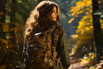 Woman explorer wanders through a sun-dappled forest with her backpack and hiking gear, sunlight filtering through the trees, highlighting her path deeper into the woods