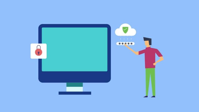 Internet privacy data protection secure cloud login man putting passcode and unlock information, cyber security software, cloud computing SaaS technology concept. 2d animation 4k video clip.