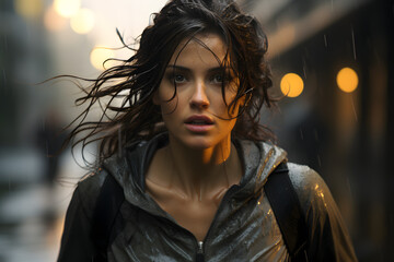 Sporty woman runs with determination amidst a downpour, raindrops splashing and clothes clinging, with puddles reflecting the gray sky and her figure in a photo-realistic style with a cool color palet - obrazy, fototapety, plakaty
