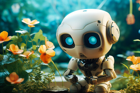 A small cute  blue eaes  robot pick up yellow flowers  on a simple pastel background. Generative AI.