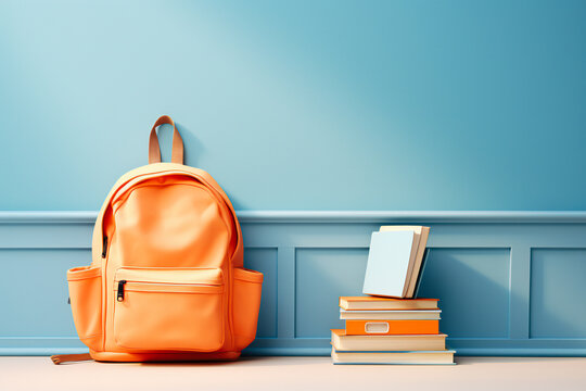 Orange Backpack and Books Next to a Blue Wall: A Concept of Educational Contrast