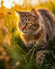 Naklejka na ściany i meble Earthy-toned image of a cat in a grassy field, with the backdrop of a setting sun casting golden hues
