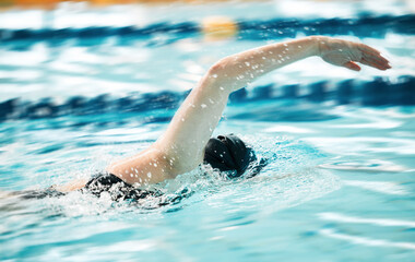 Sports, water or person training in swimming pool in race competition, exercise or cardio workout....