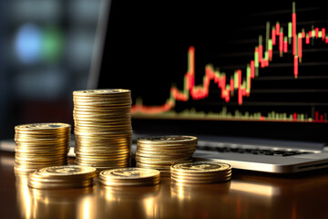 Coins stack on the table with stock market graph background. 