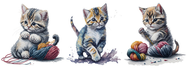 watercolor kitten with yarns, little cat set