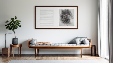 Art poster frame on white wall above gray bench in mid-century interior design of modern living room.