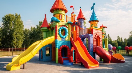 Beautiful children playground castle with colorful slides