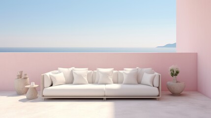 Fototapeta na wymiar Beautiful soft colored terrace with sofa on mediterranean villa. Summer minimalist architecture background