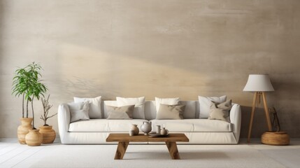 Beige grunge stucco wall with rustic wall decor. Interior design of modern living room in farmhouse