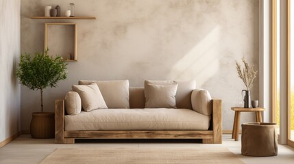 Beige loveseat sofa in small room. Interior design of modern rustic living room