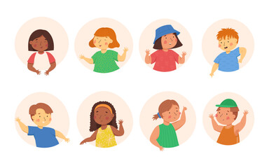 Big set of happy children in the colorful circles and the white background. Vector cartoon illustration. Multiculturalism and diversity. Boys and girls with funny faces and emotions. Cute kids