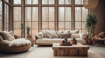 Boho style interior design of modern living room with rustic furniture near window