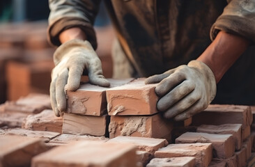 professional construction worker laying bricks in industrial site.masonry worker make brick wall, Bricklayer worker installing brick