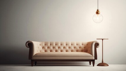 A content creation background image displaying an antique couch, wooden table, and a hanging bulb, offering a unique and vintage-inspired setting. Photorealistic illustration, Generative AI