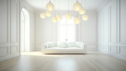A background image tailored for content creation presenting an empty room with a white sofa and hanging light bulbs, providing a minimalist backdrop. Photorealistic illustration, Generative AI