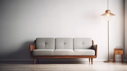 A content creation background image showcasing an old wooden sofa paired with a floor lamp, providing a vintage-inspired setting. Photorealistic illustration, Generative AI
