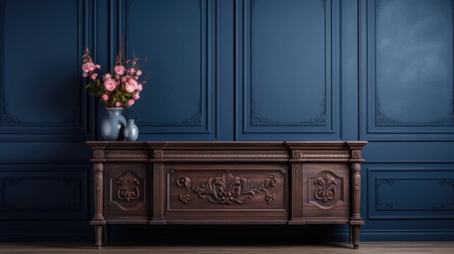 Carved console table against classic dark blue paneling wall with moldings. Vintage retro style home interior design of living room