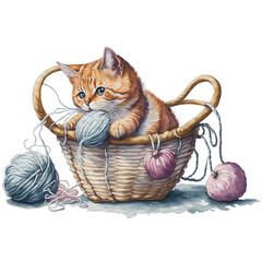 watercolor cat in basket with yarns