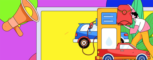 Vector internet operation hand-drawn illustration of people getting discounts for car refueling
