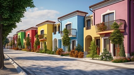 Fototapeta na wymiar Colorful stucco traditional private townhouses. Residential architecture exterior