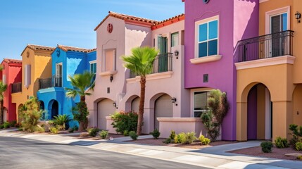 Fototapeta na wymiar Colorful stucco traditional private townhouses. Residential architecture exterior