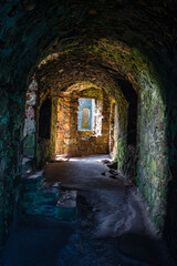 Interior passageways of the ruins of Dunnottar Castle in Scotland, UK.