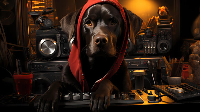 the dog behind the DJ table