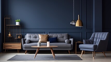 Dark blue sofa and recliner chair in scandinavian apartment. Interior design of modern living room