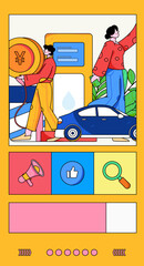 Vector internet operation hand-drawn illustration of people getting discounts for car refueling

