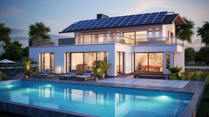  Exterior of beautiful modern house with solar panels on roof. Luxury villa with terrace and swimming pool