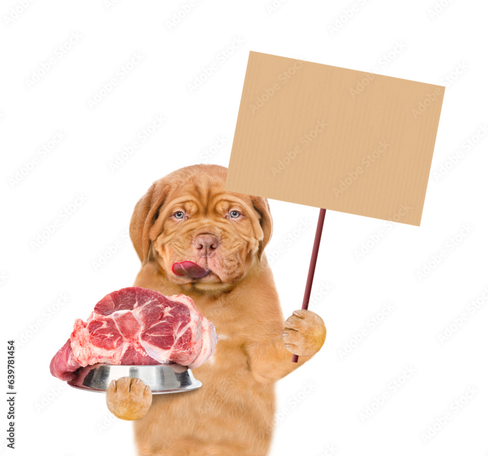 Aufkleber licking lips mastiff puppy holds bowl of raw meat and shows empty placard. isolated on white backgro