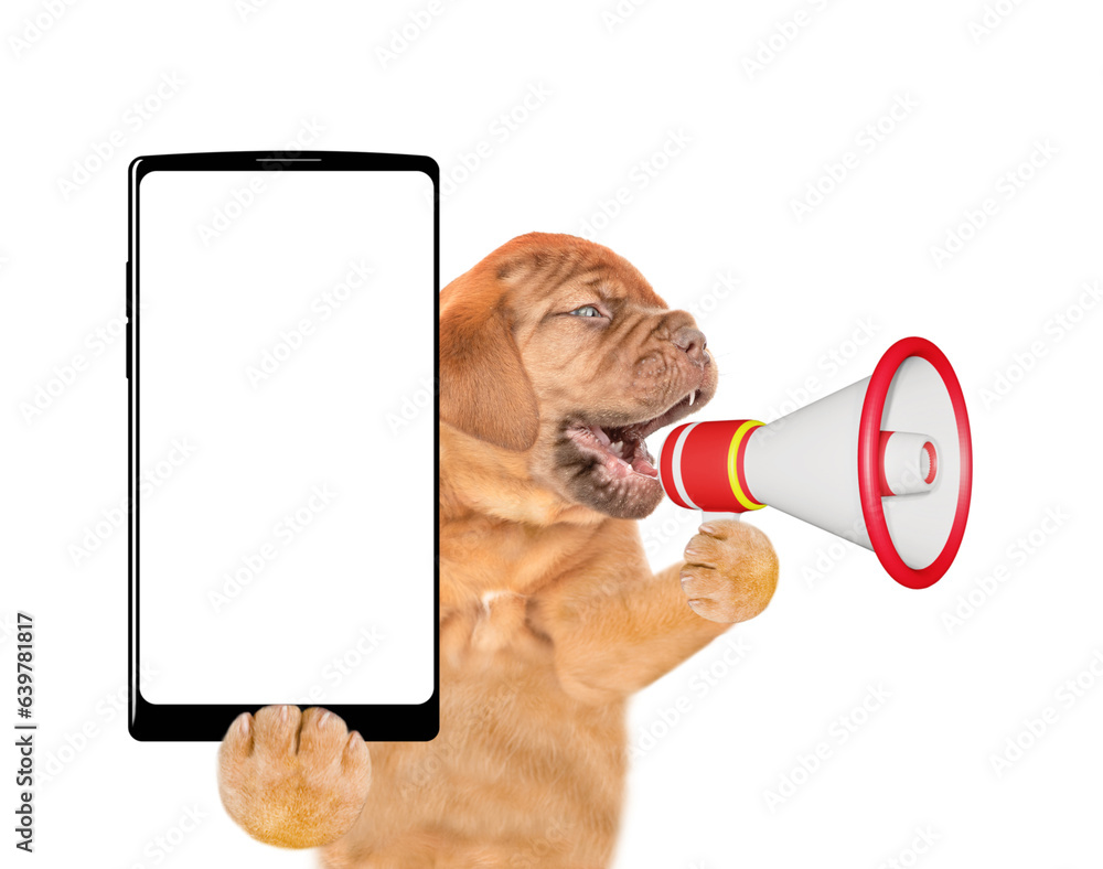 Poster mastiff puppy screaming into a megaphone and holds big smartphone with white blank screen in it paw.