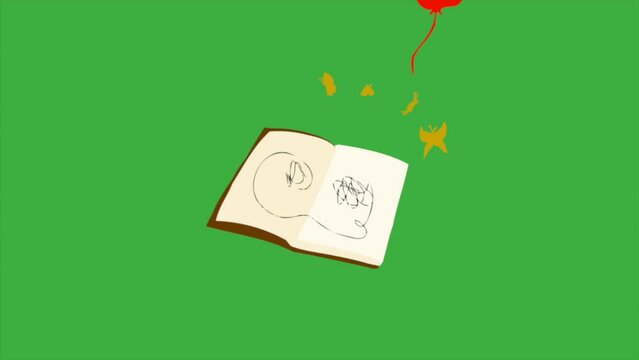 Animation video loop book open on green screen background