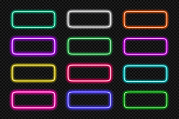 Neon frame rounded rectangle set. Glowing coloful rectangular border. Geometric shape action button UI elements with copy space. Purple, blue, pink, yellow, green, red text boxes. Vector illustration.