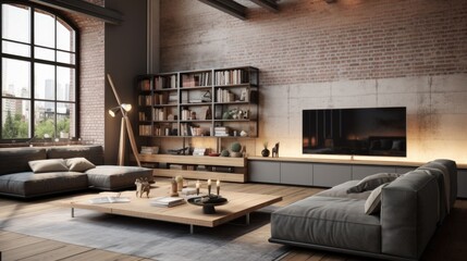 Gray sofa and tv unit in loft interior design of modern living room