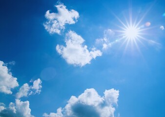 Blue sky background with tiny clouds, sun and bright blue sky.