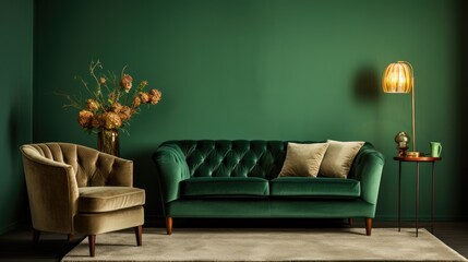 Green velvet sofa and armchair against of green wall. Interior design of classic living room