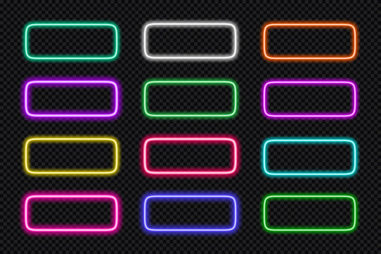 Neon frame rounded rectangle set. Glowing coloful rectangular border. Geometric shape action button UI elements with copy space. Purple, blue, pink, yellow, green, red text boxes. Vector illustration.