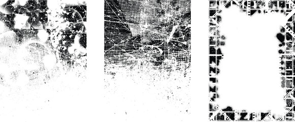 Glitch distorted grungy isolated layers . Design element for brochure, social media, posters, flyers. Overlay texture.Textured banner with Distress effect .Vector halftone dots . Screen print texture