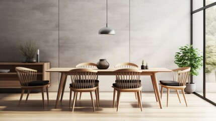 Interior design of modern dining room, dining table and wooden chairs